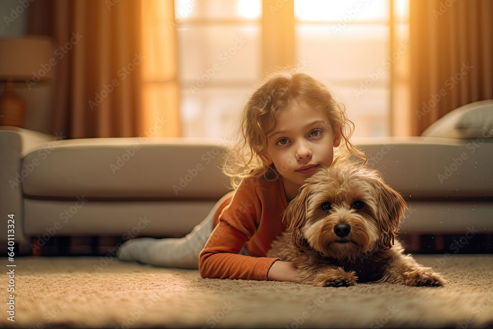 A child with the dog lying on the mat in the living room. Generative Ai