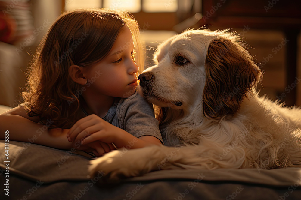 A child with the dog lying on the mat in the living room. Generative Ai