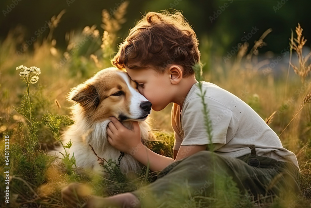 A Little boy kisses the dog in the field in summer day. Friendship, care, happiness, Cute child with