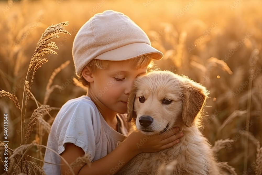 A Little boy kisses the dog in the field in summer day. Friendship, care, happiness, Cute child with