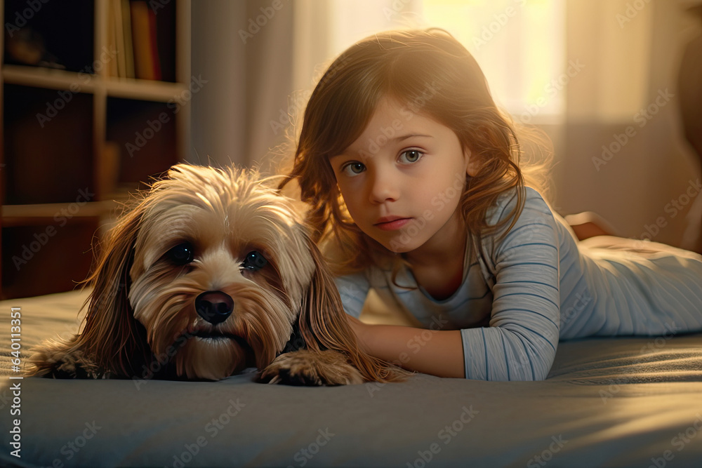 A child with the dog lying on the mat in the living room. Generative Ai