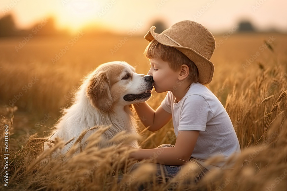 A Little boy kisses the dog in the field in summer day. Friendship, care, happiness, Cute child with