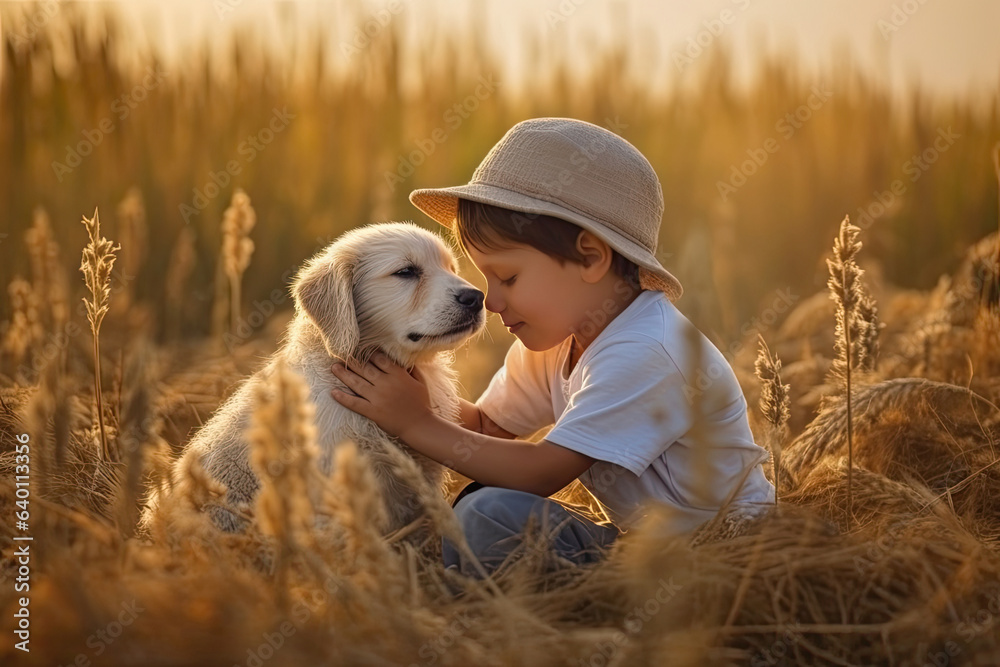 A Little boy kisses the dog in the field in summer day. Friendship, care, happiness, Cute child with