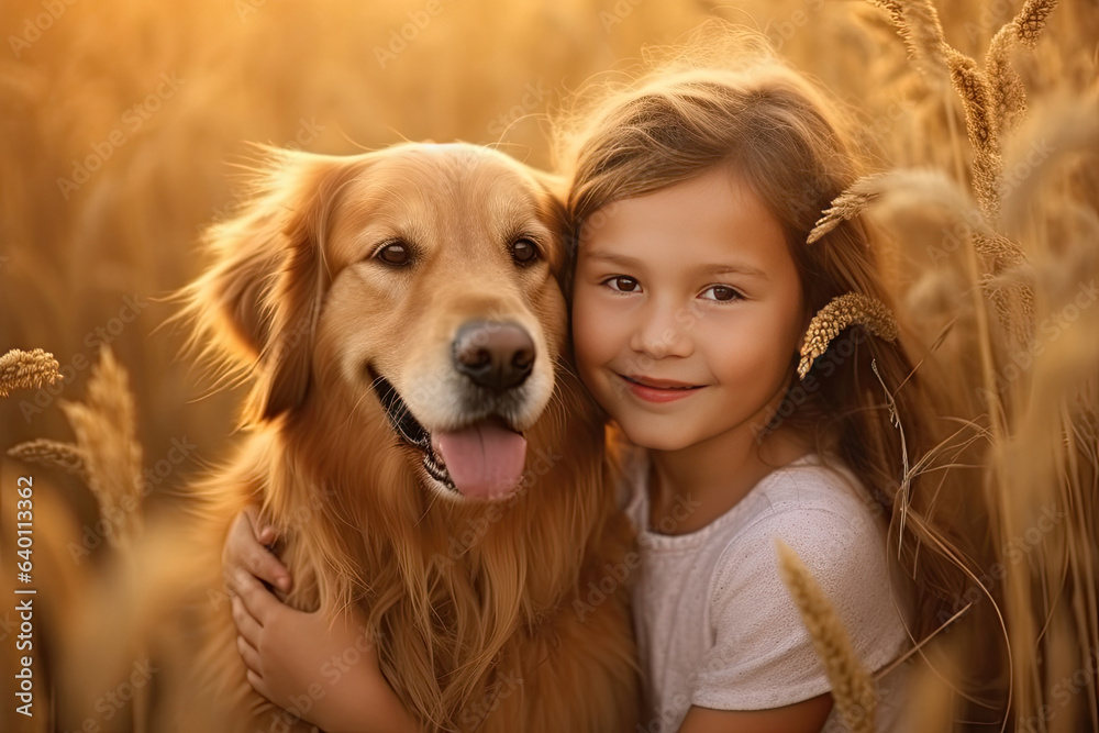 A Little girl hugging golden dog in the field in summer day together. Cute child with doggy pet port