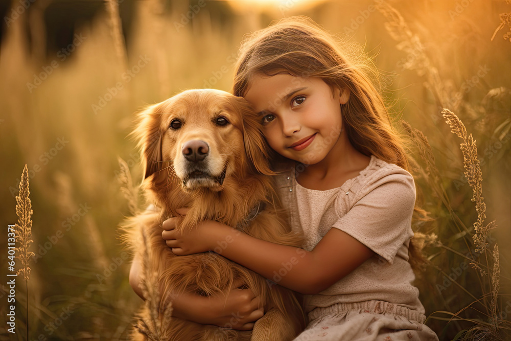 A Little girl hugging golden dog in the field in summer day together. Cute child with doggy pet port