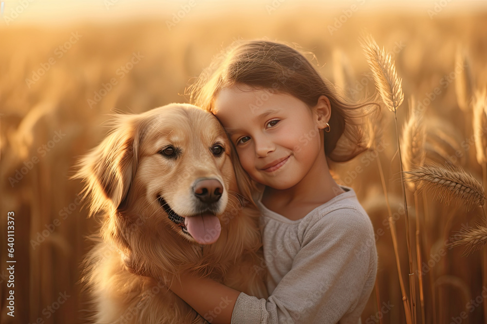 A Little girl hugging golden dog in the field in summer day together. Cute child with doggy pet port