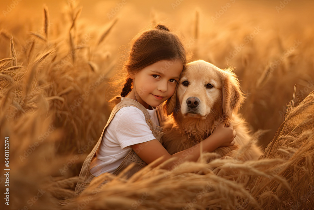 A Little girl hugging golden dog in the field in summer day together. Cute child with doggy pet port