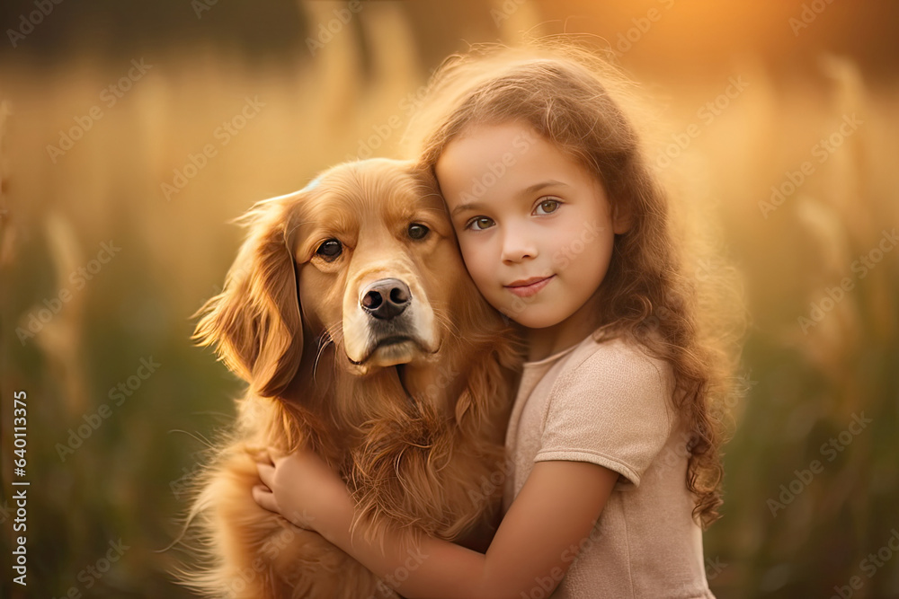 A Little girl hugging golden dog in the field in summer day together. Cute child with doggy pet port