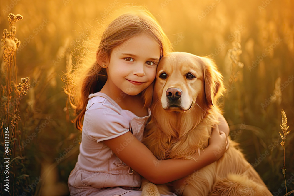 A Little girl hugging golden dog in the field in summer day together. Cute child with doggy pet port