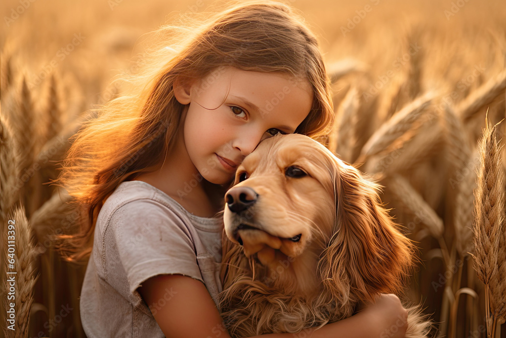 A Little girl hugging golden dog in the field in summer day together. Cute child with doggy pet port