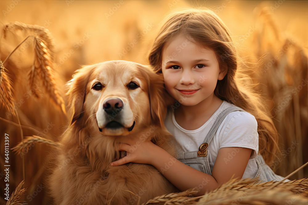 A Little girl hugging golden dog in the field in summer day together. Cute child with doggy pet port