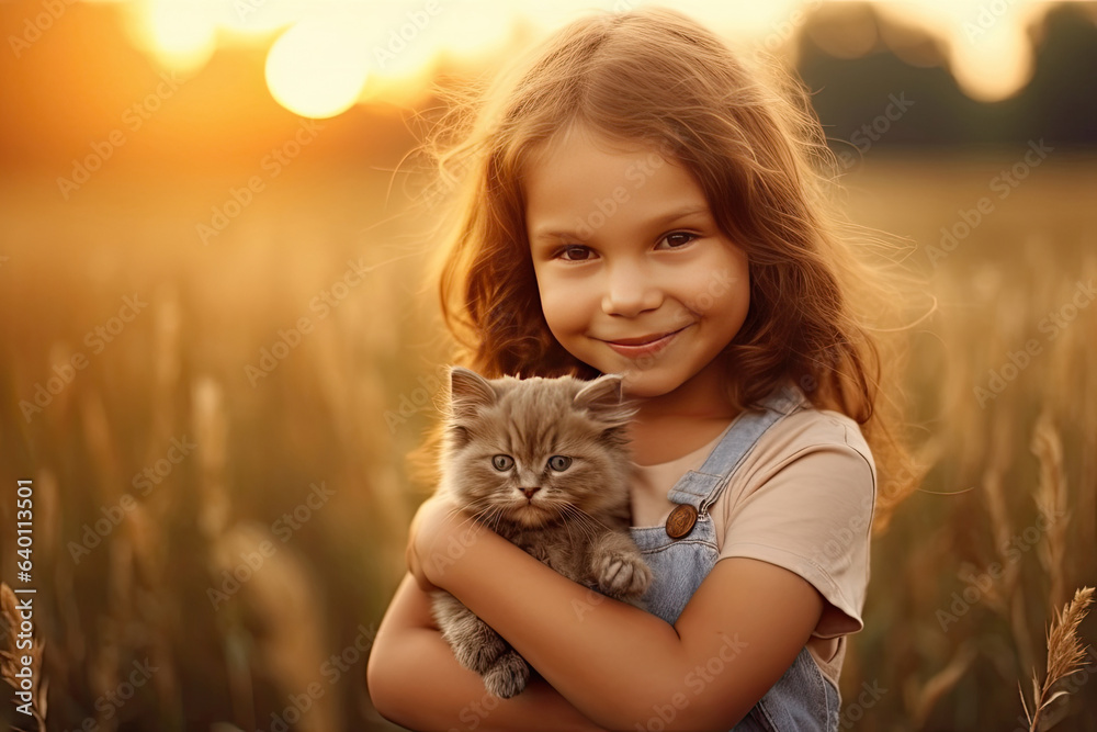 A little girl with a cat in the field in summer day together. Cute child with doggy pet portrait at 