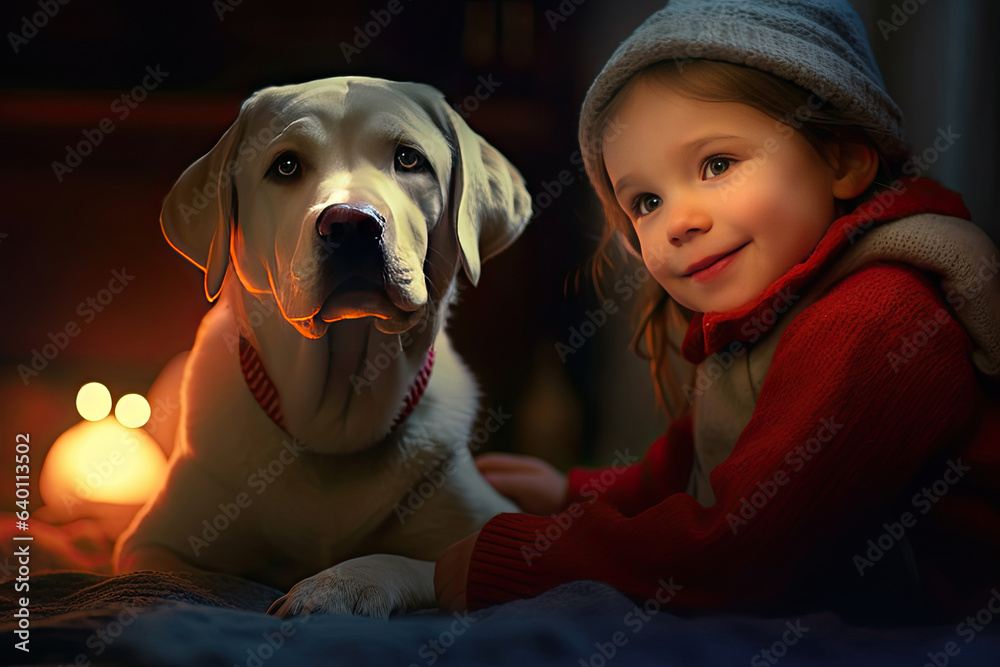 Cheerful of a child with a labrador at home. Generative Ai