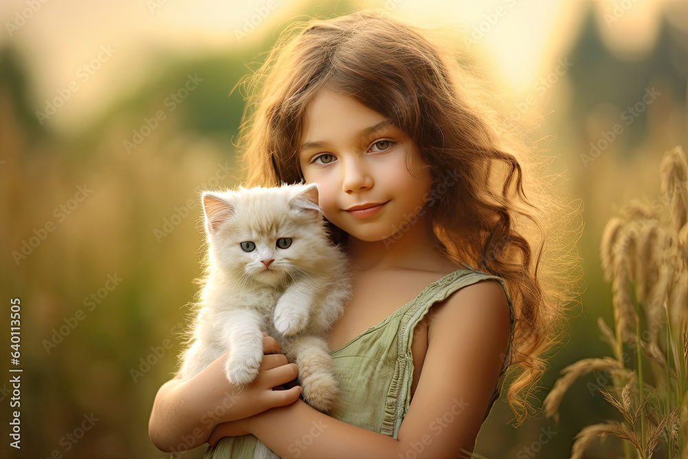 A little girl with a cat in the field in summer day together. Cute child with doggy pet portrait at 