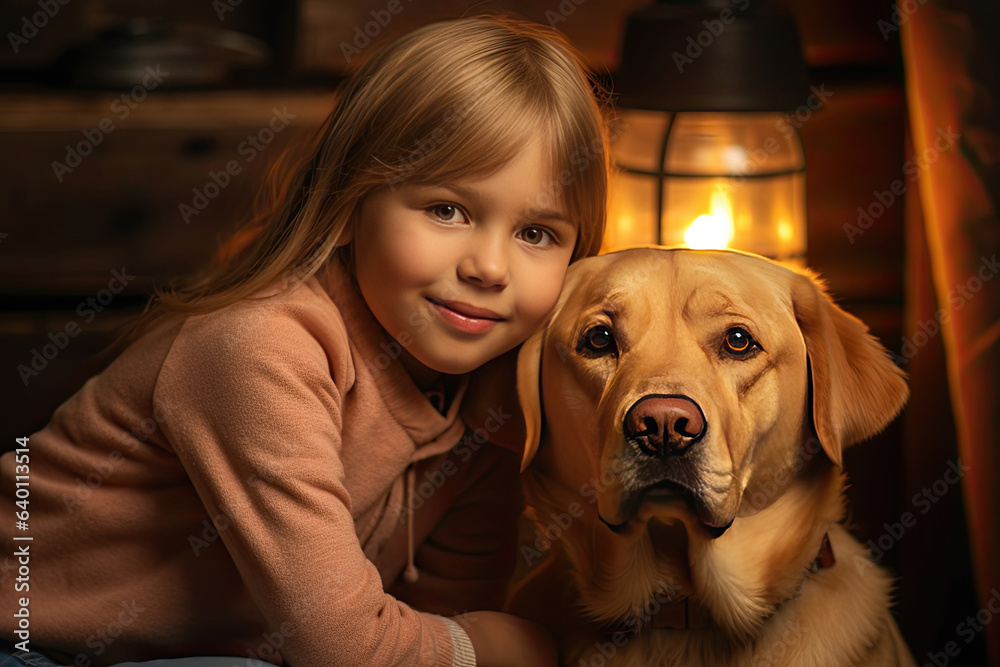 Cheerful of a child with a labrador at home. Generative Ai