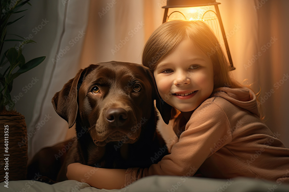 Cheerful of a child with a labrador at home. Generative Ai