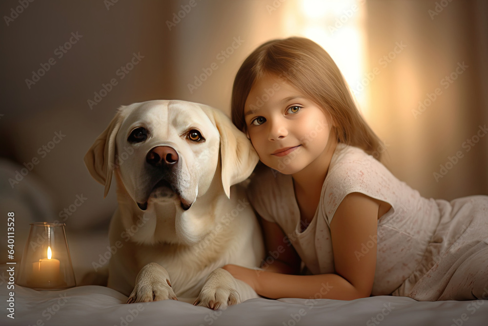 Cheerful of a child with a labrador at home. Generative Ai