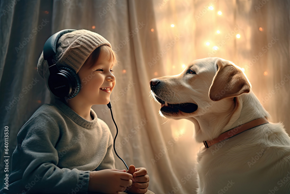 Cheerful of a child with a labrador at home. Generative Ai