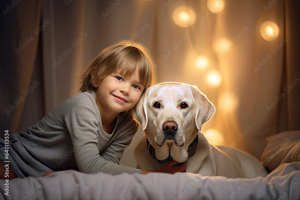 Cheerful of a child with a labrador at home. Generative Ai