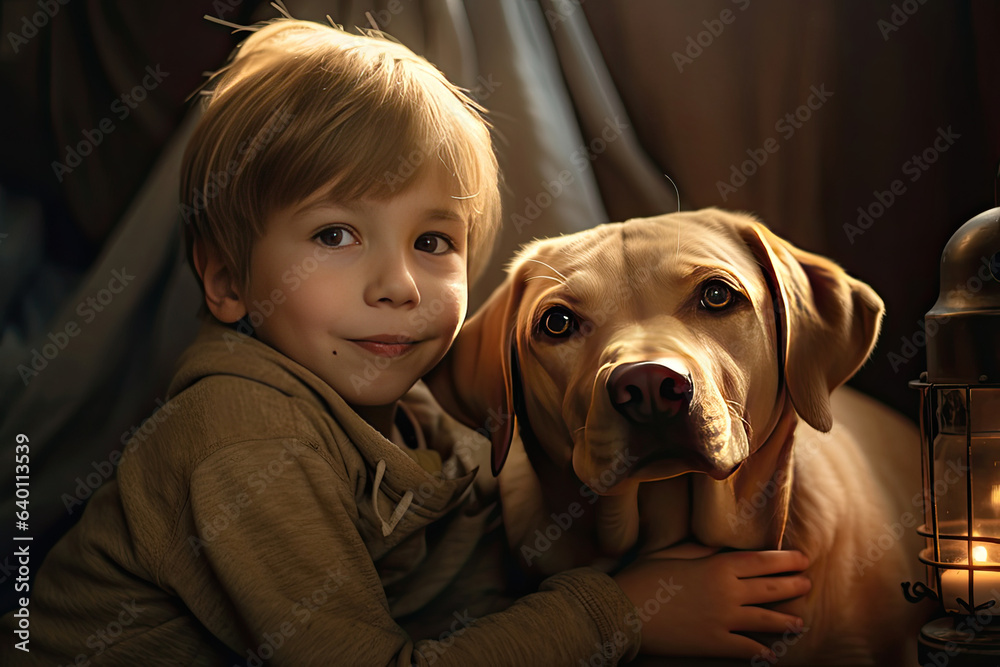 Cheerful of a child with a labrador at home. Generative Ai