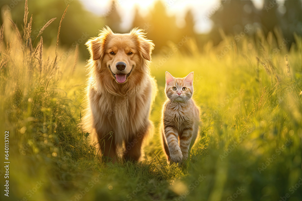 Cheerful of furry friends cat and dog walking in a summer meadow. Generative Ai