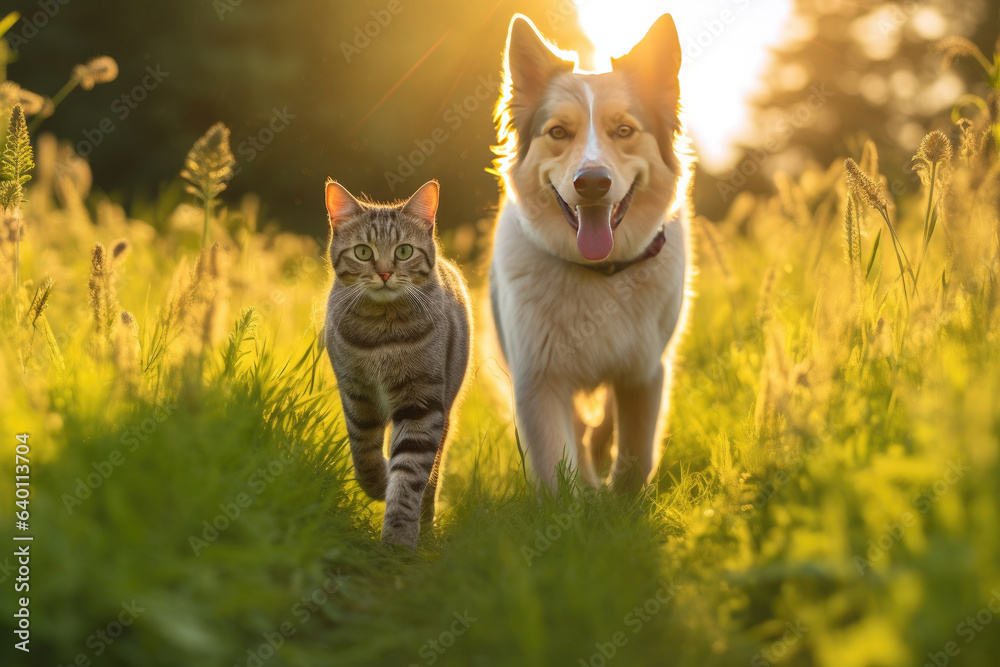 Cheerful of furry friends cat and dog walking in a summer meadow. Generative Ai