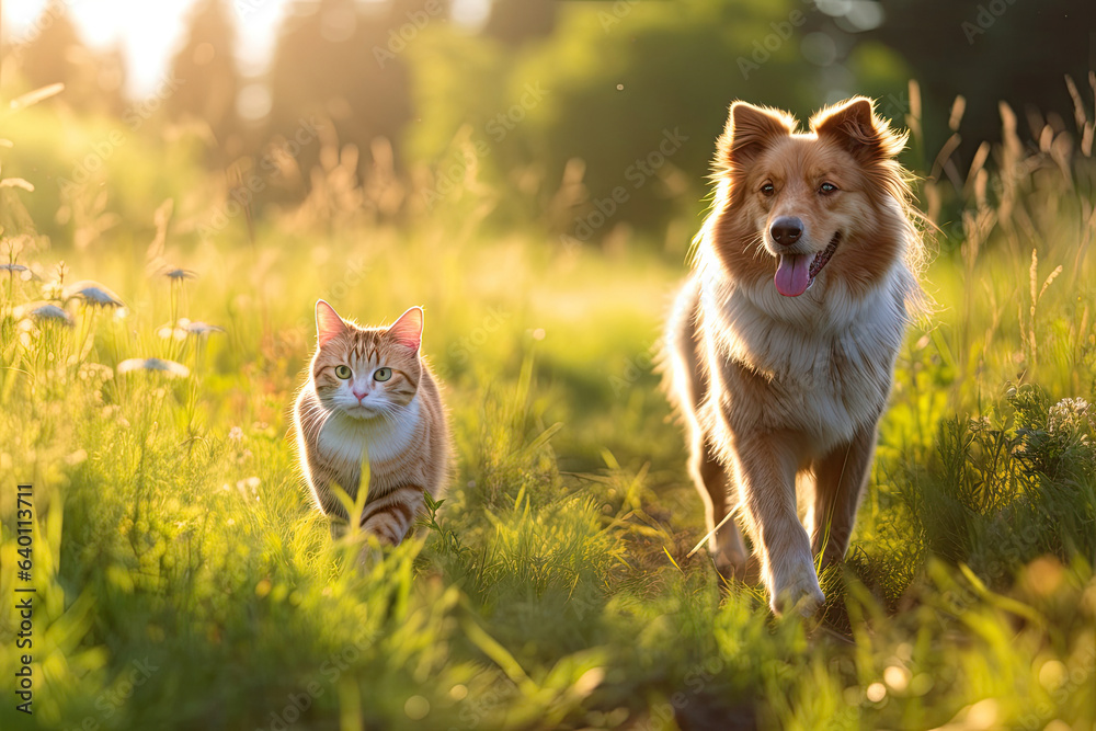 Cheerful of furry friends cat and dog walking in a summer meadow. Generative Ai