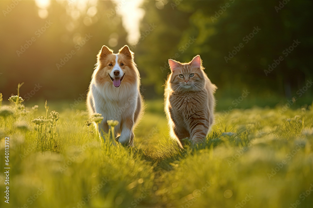 Cheerful of furry friends cat and dog walking in a summer meadow. Generative Ai