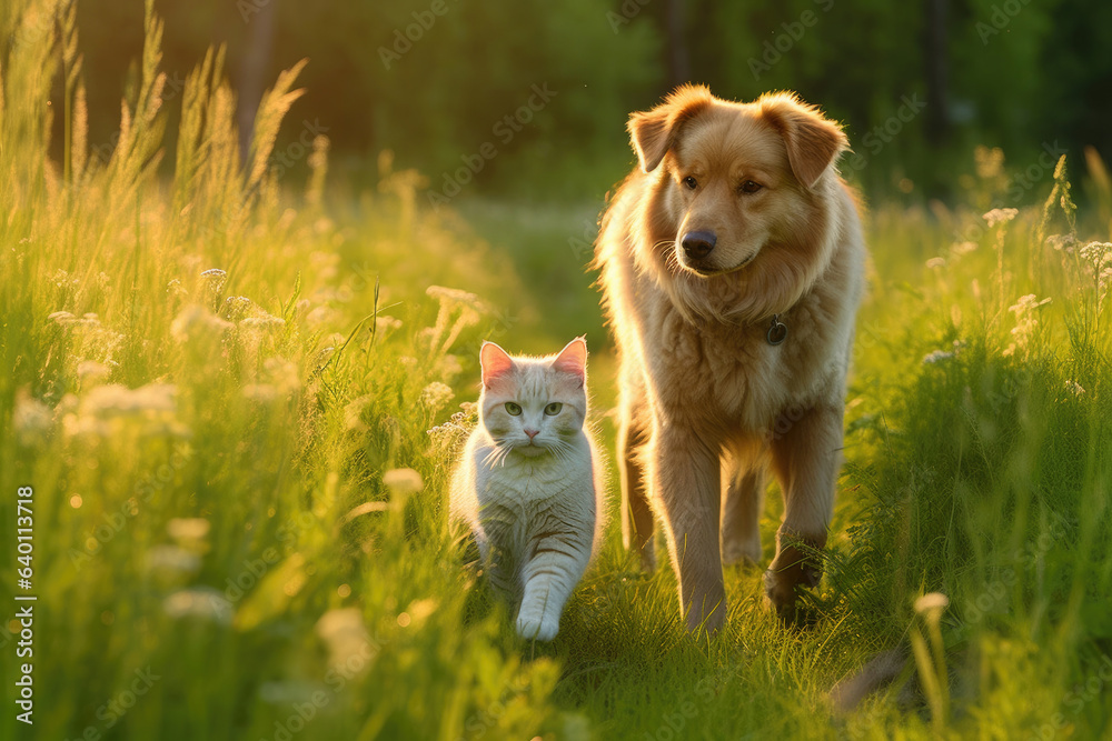 Furry friends cat and dog walking in a summer meadow. Generative Ai