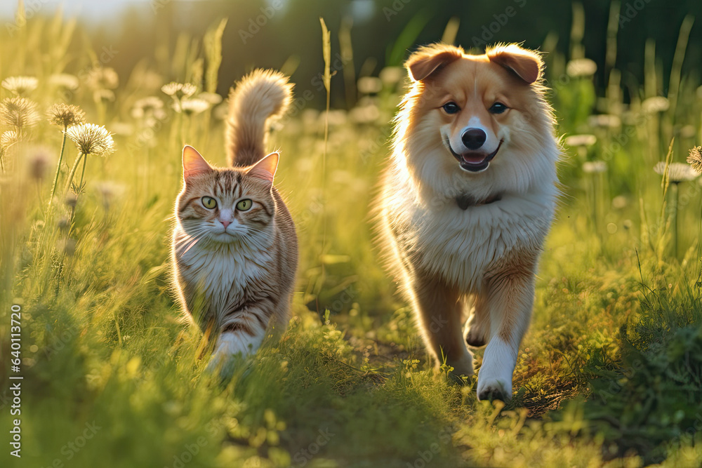 Furry friends cat and dog walking in a summer meadow. Generative Ai