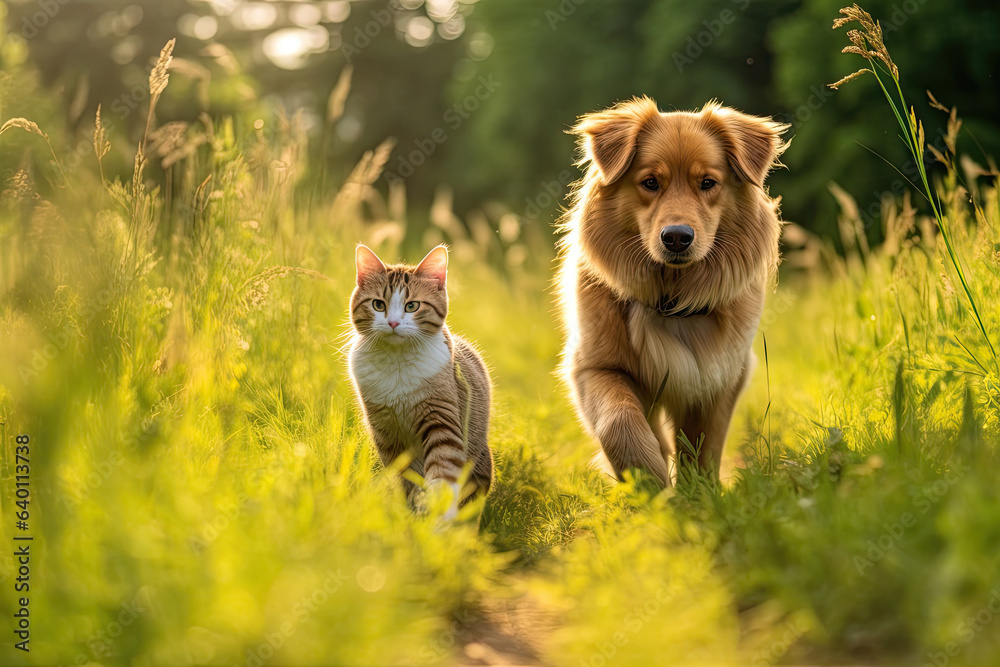 Furry friends cat and dog walking in a summer meadow. Generative Ai