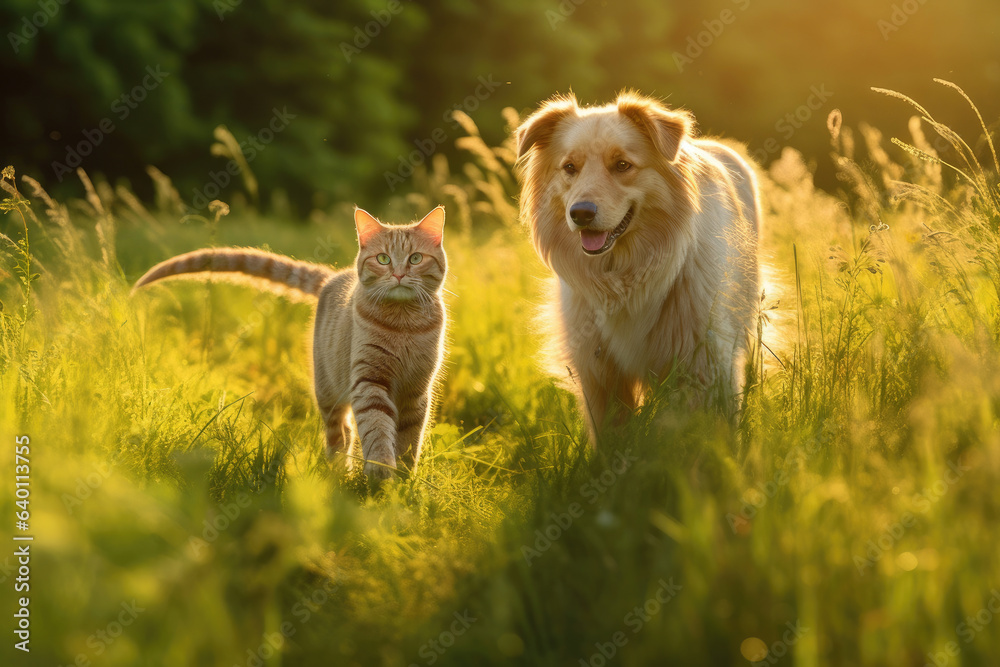 Furry friends cat and dog walking in a summer meadow. Generative Ai