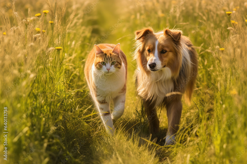 Furry friends cat and dog walking in a summer meadow. Generative Ai