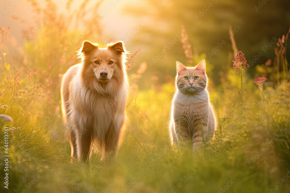 Furry friends cat and dog walking in a summer meadow. Generative Ai