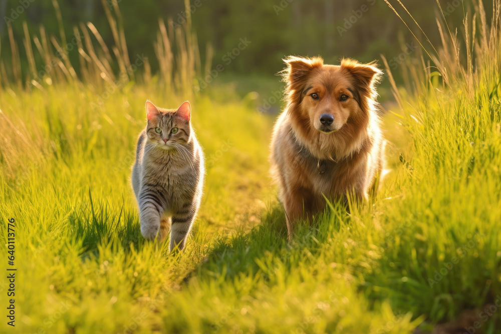 Furry friends cat and dog walking in a summer meadow. Generative Ai