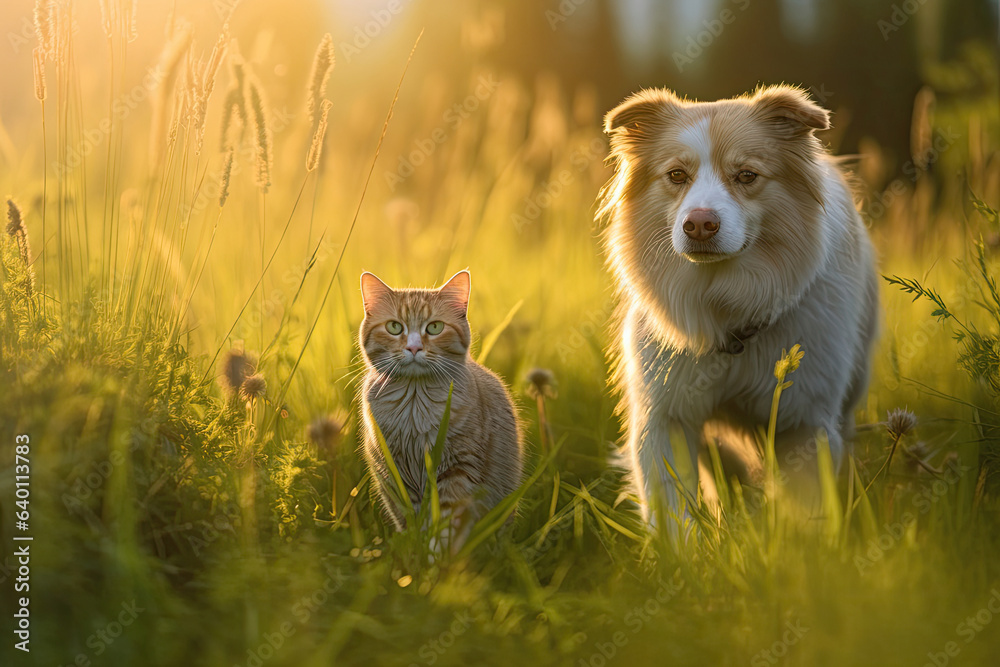 Furry friends cat and dog walking in a summer meadow. Generative Ai