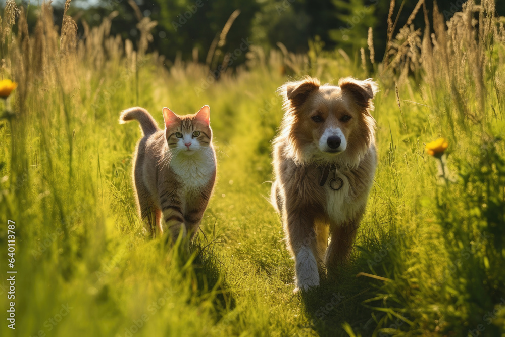 Furry friends cat and dog walking in a summer meadow. Generative Ai