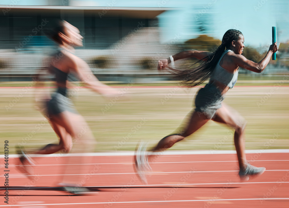 Action, race and women running relay sprint in competition for fitness game and training, energy or 