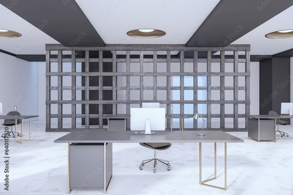 Contemporary designer office interior with furniture and equipment. 3D Rendering.