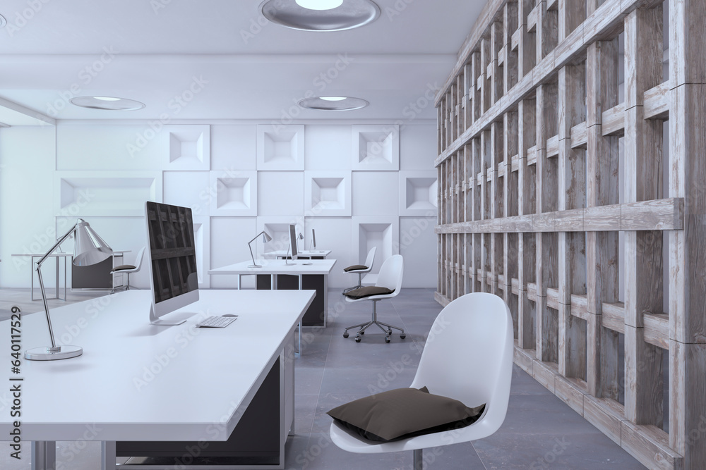 Simple designer office interior with furniture and equipment. 3D Rendering.