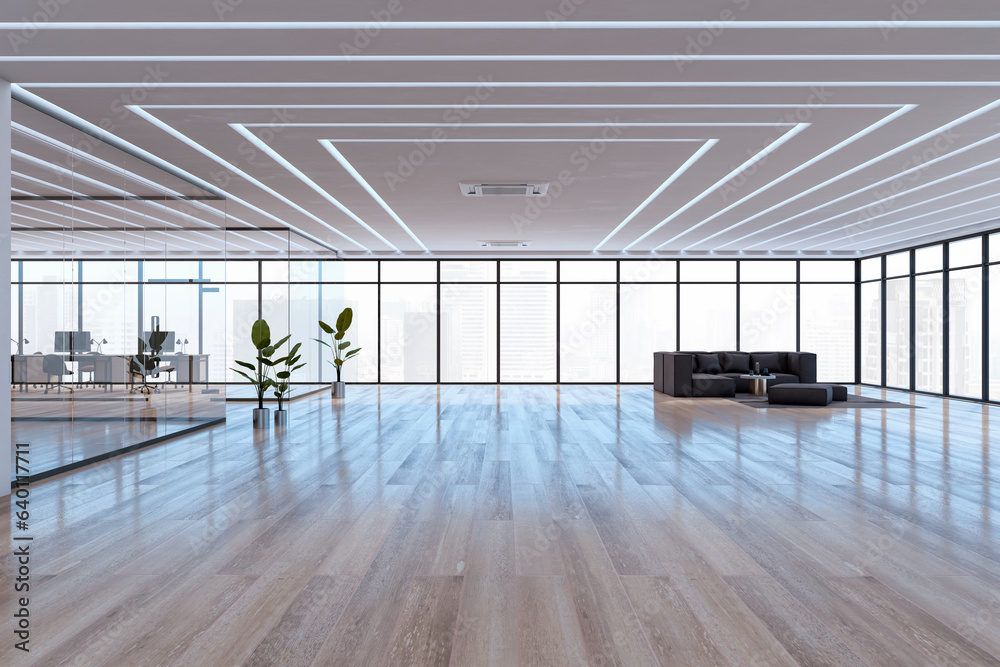 Contemporary white glass office and meeting room interior with wooden parquet flooring, panoramic wi