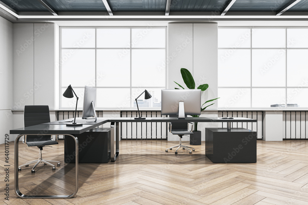 Contemporary coworking office interior with wooden flooring and window with city view. 3D Rendering.