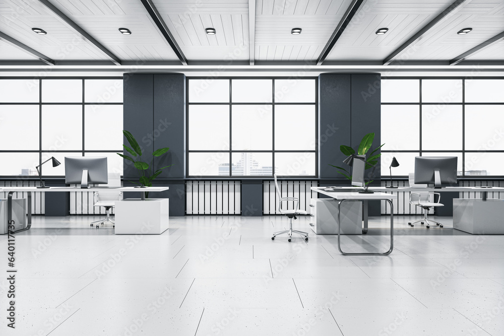 Modern concrete coworking office interior with panoramic windows. 3D Rendering.