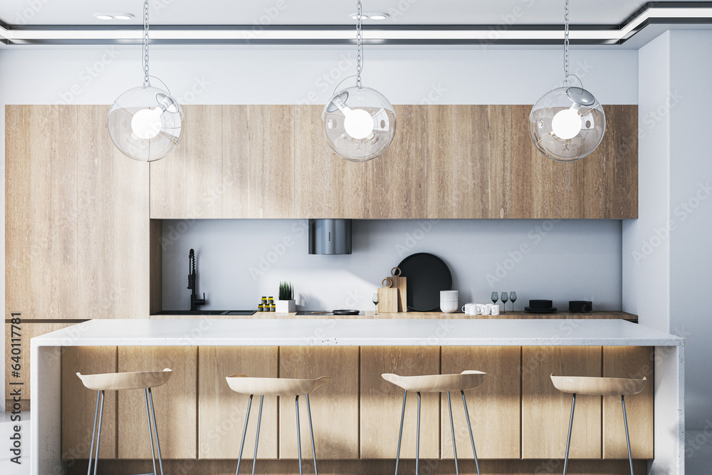 Luxury wooden kitchen interior with equipment and daylight. 3D Rendering.