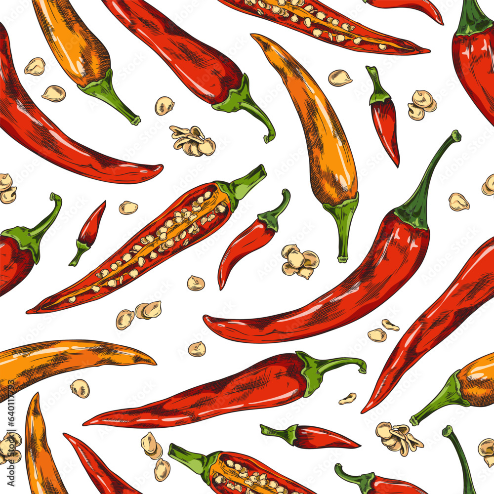 Seamless pattern with whole and half chili peppers, red cayenne paprika pepper, vector hand drawn sp