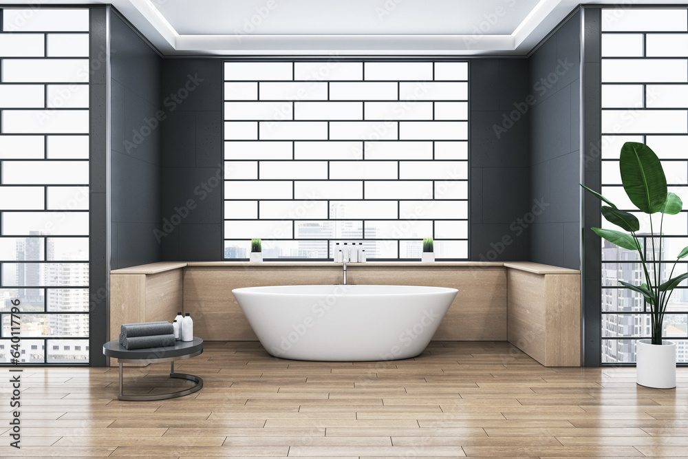 Contemporary bathroom interior with bathtub, abstract windows and reflections on wooden flooring. 3D