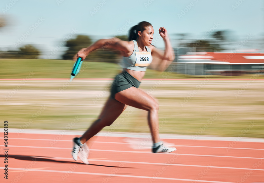 Fast, race and athlete running relay sprint in competition or fitness game or training for energy we