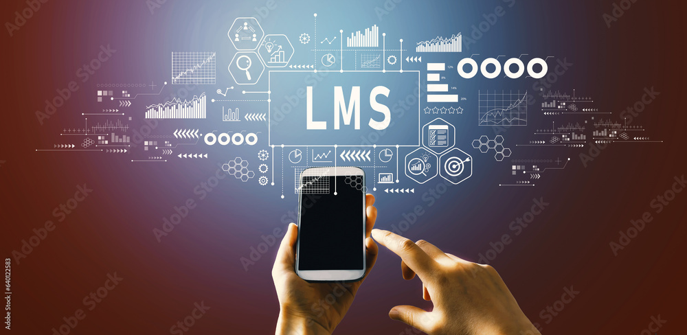 LMS - Learning Management System with hand pressing a button on a technology screen