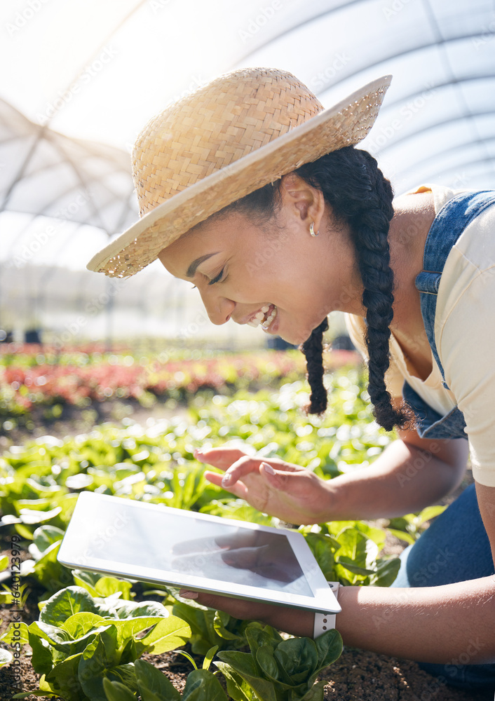 Woman, farming or smile with tablet in greenhouse for agriculture, gardening lettuce and vegetables 