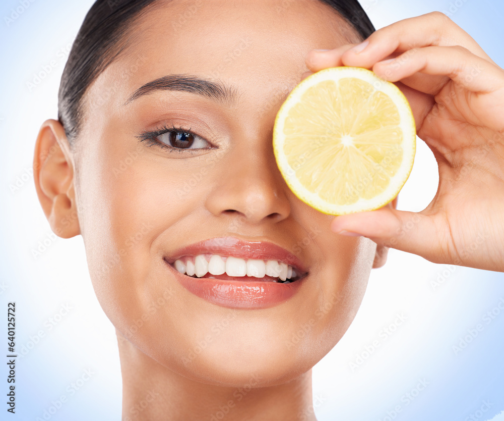 Beauty skincare, portrait and happy woman with lemon for citrus detox treatment, natural self care o